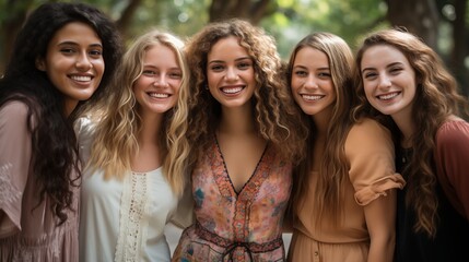 Young women friends smiling in nature. Five young women standing close together, smiling and enjoying a day in a natural, green environment.