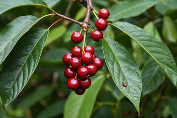 Close-Up of Ripe Red Coffee Cherries on Coffee Tree Branch with Green Leaves - Organic Coffee Bean Plant