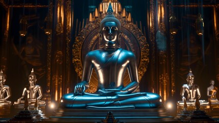 Fototapeta premium Buddhist statue of Buddha set against a black background, creating a serene and spiritual religious pattern.