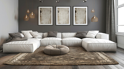 A minimalist living room with white furniture, a large window, potted plants, and a white rug, creating a serene and stylish atmosphere.