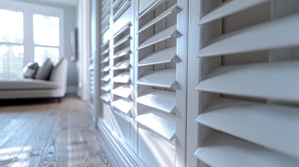 White painted solid wood louvered wardrobe doors close up into louvers. White painted modern interior. Generative AI.
