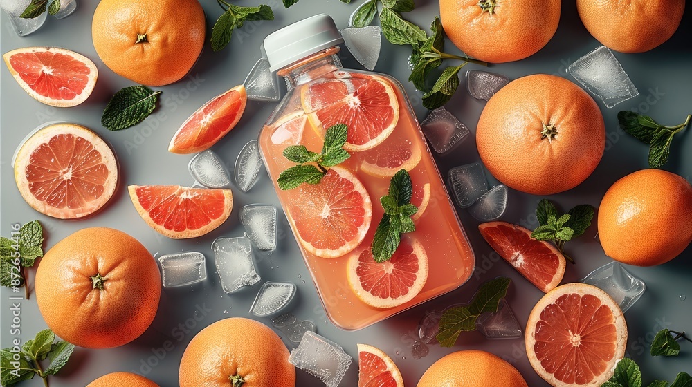 Poster Top view of grapefruit juice in a transparent Pouch surrounded in the style of grapefruits sliced and mint leaves, fresh grapefruits scattered around. Generative AI.