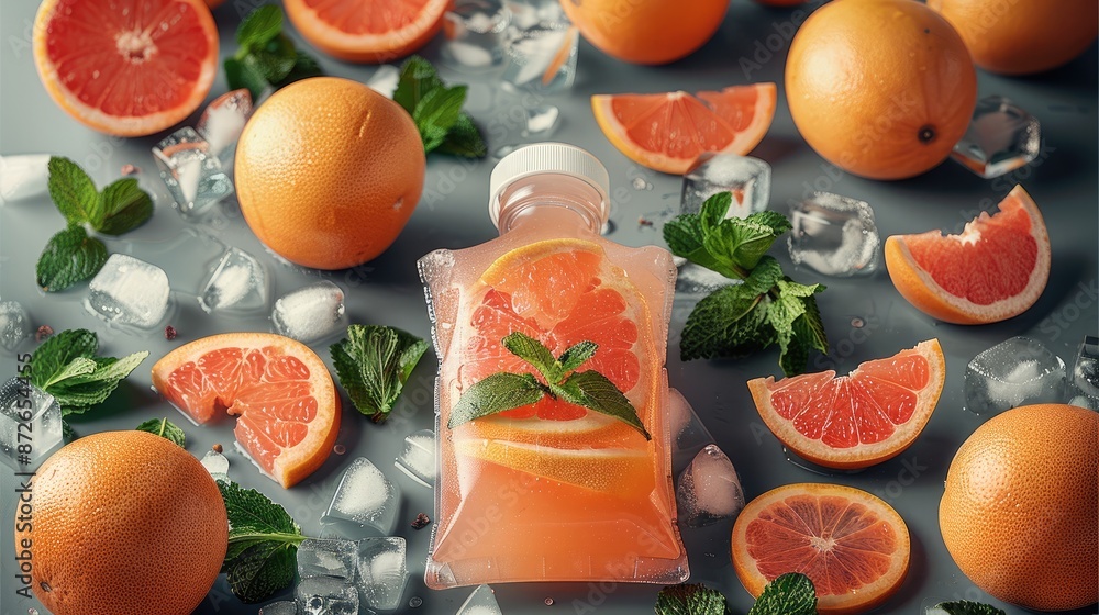 Poster Top view of grapefruit juice in a transparent Pouch surrounded in the style of grapefruits sliced and mint leaves, fresh grapefruits scattered around. Generative AI.