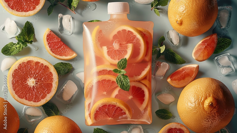 Poster Top view of grapefruit juice in a transparent Pouch surrounded in the style of grapefruits sliced and mint leaves, fresh grapefruits scattered around. Generative AI.