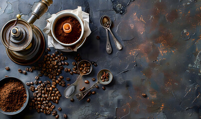The image showcases a variety of coffee beans and coffee products arranged on a dark.
