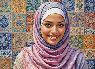 Woman in a hijab smiling in front of a colorful tile wall