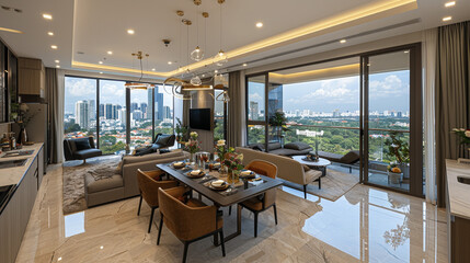 Fototapeta premium A luxurious living room with beige and white furniture, a large chandelier, marble flooring, and large windows, creating a sophisticated and elegant space.