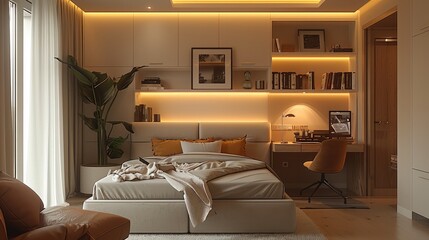 Fototapeta premium Modern bedroom with a desk and bookcase, a beige color scheme, and soft lighting that creates a serene atmosphere for study or rest. Generative AI.