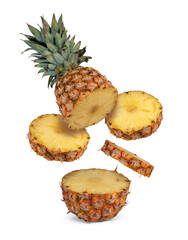 One fresh flying pineapple cut into slices isolated on white or transparent  background