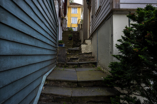 Narrow flight of stairs in charming old town in Bergen, Norway