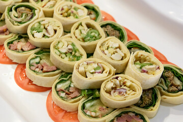 Korean buffet meal salad sushi dumpling fruit vegetable meat