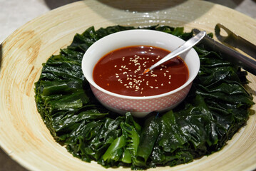 Korean buffet meal salad sushi dumpling fruit vegetable meat