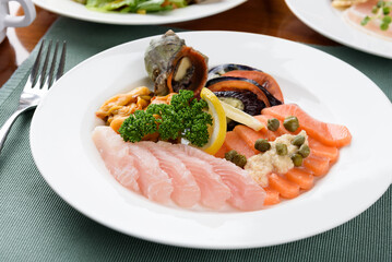 Korean buffet meal salad sushi dumpling fruit vegetable meat