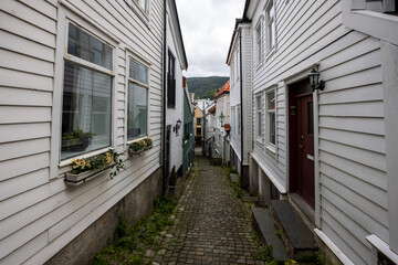 Charming old town alley with scenic cobblestone street in Bergen, Norway