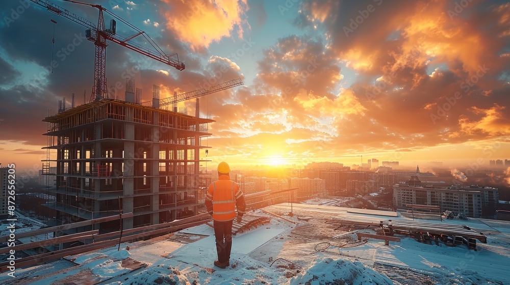 Poster engineer inspecting and working outdoors at structure building site, modern concrete and steel build