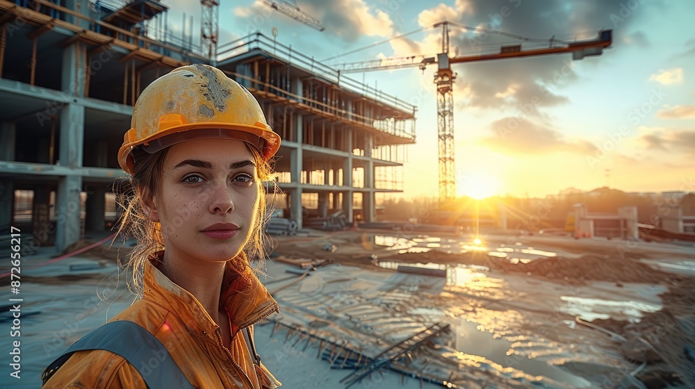 Poster engineer inspecting and working outdoors at structure building site, modern concrete and steel build