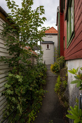 Charming narrow street in historic area in Bergen, Norway