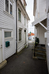 Charming narrow street in historic area in Bergen, Norway