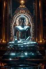 Fototapeta premium Buddhist statue of Buddha set against a black background, creating a serene and spiritual religious pattern.