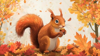 Fototapeta premium Cute clipart of a squirrel with an acorn, set against a backdrop of fall foliage for Thanksgiving