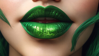 Extreme Close-Up of Woman's Green Lips, Vegan green lipstick or vegan makeup concept