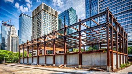 Obraz premium Urban backdrop of vacant construction hoarding surrounded by steel beams and concrete in central business district area awaits advertisement.