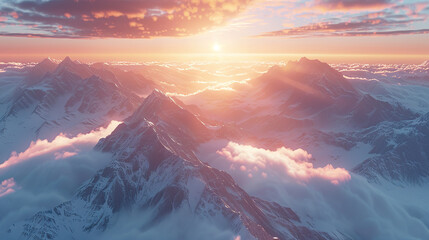 A majestic mountain peak towering above the clouds, bathed in golden sunlight with a soft mist rising from its base
