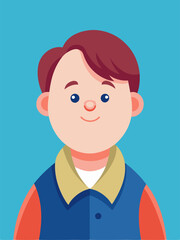 A cartoon depiction of a smiling boy wearing a blue jacket