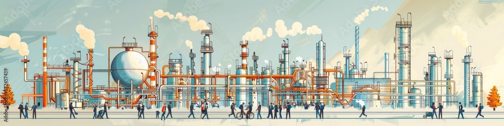 Poster composition with a chemical plant and managers and operators. white line design on a light blue and 
