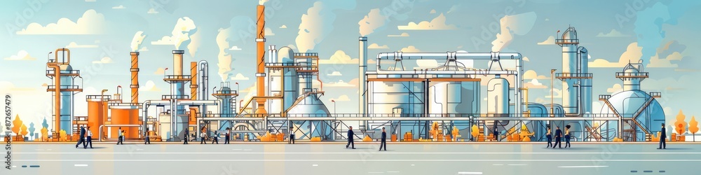 Poster composition with a chemical plant and managers and operators. white line design on a light blue and 