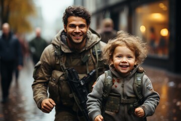 Fototapeta premium Military personnel engage in urban combat as a young child flees in fear from the armed conflict