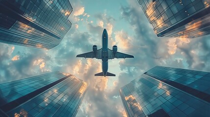 Low angle shot of an airplane flying over glass buildings. Generative AI.