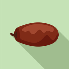 Single dried date fruit is laying on a light green background, casting a long shadow