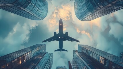 Low angle shot of an airplane flying over glass buildings. Generative AI.