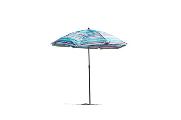 Obraz premium Striped beach umbrella standing on white sand, isolated against a white background. The umbrella providing shade and a summery vibe.