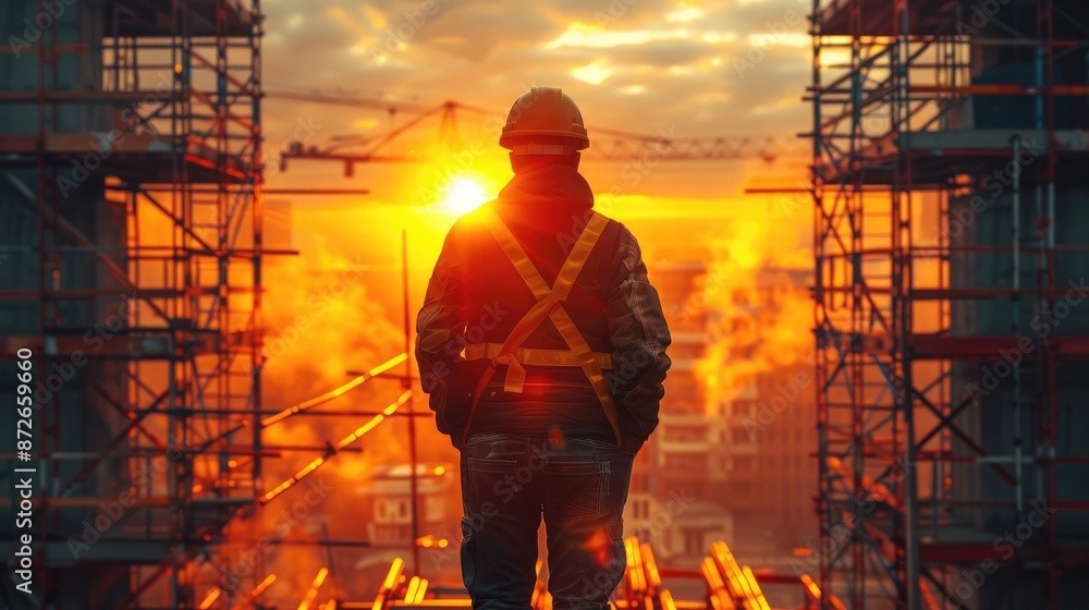 Aufkleber In the fading light, the construction site took on an ethereal glow, shadows over the maze of scaffolding. The foreman studied the blueprints under the feeble beam of a work light. Generative AI.