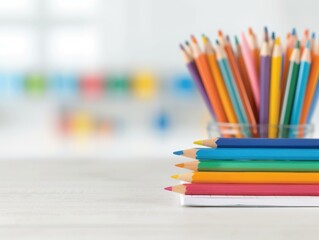 Fototapeta premium Close-up of colored pencils and a notebook on a desk.