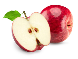 half of red apple with green leaf isolated on white background. clipping path