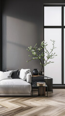 Minimalist interiors designer composition with zen touches, window natural lighting and minimal furniture. Serene interiors design for realty advertising.