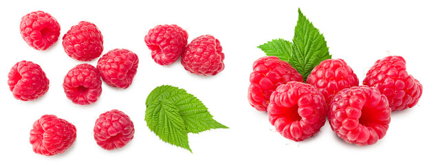 ripe raspberry with green leaf isolated on white background. macro. clipping path