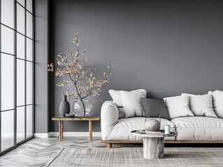 Minimalist interiors designer composition with zen touches, window natural lighting and minimal furniture. Serene interiors design for realty advertising.