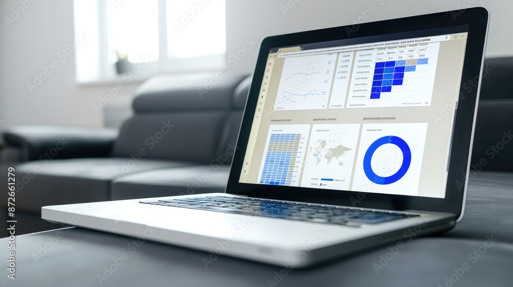 Aufkleber laptop with dashboard on the screen, sitting in front of grey couch, background is white and bright 