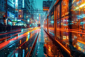 Obraz premium A city street at night with a passing train.