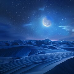A desert landscape with a full moon shining over sand dunes.