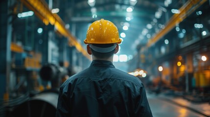 A man in a yellow helmet stands in a factory. Generate AI
