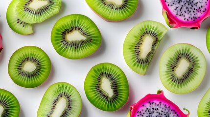 Fototapeta premium kiwi fruit cut in half and dragon fruit halved, random pattern on a plain bright white background