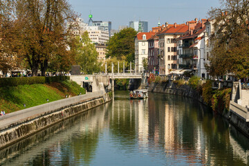 barges on the Ljubljanica river, Ribja brv, Ljubljana, Slovenia, Central Europe,