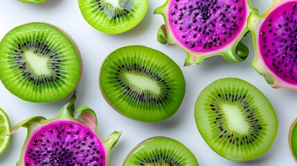 Fototapeta premium kiwi fruit cut in half and dragon fruit halved, random pattern on a plain bright white background