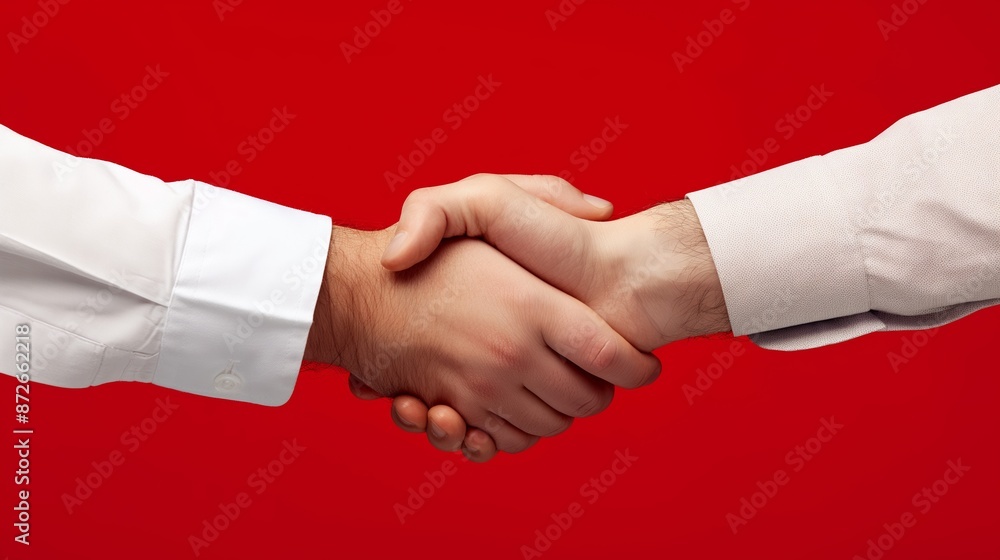 Poster two hands shaking on a red background. the handshake is a symbol of agreement and trust. the red bac
