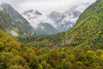 Fototapeta premium early autumn in Bavšica Valley, Triglav National Park, Bovec, Julian Alps. Slovenia, Central Europe